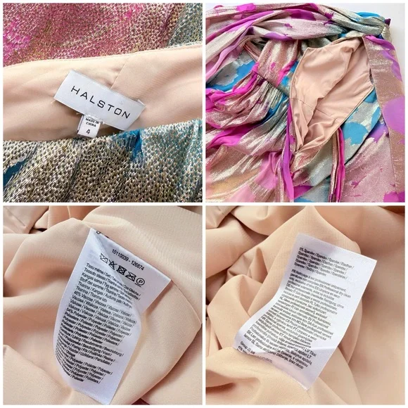 Halston Nisa Gown Printed Fil Coupe Fuschia Turquoise Gold One-Shoulder Dress 4 - Picture 16 of 16